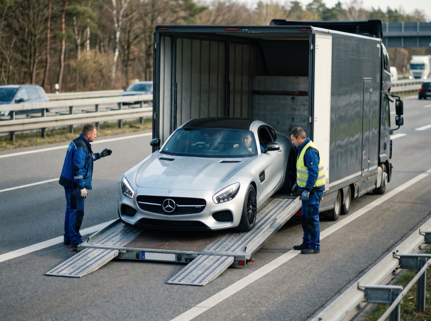 Mercedes-AMG a ser descarregado de camião de transporte na Europa